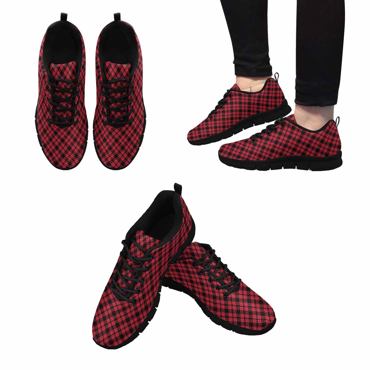 Sneakers For Men, Buffalo Plaid Red And Black Running Shoes Dg840