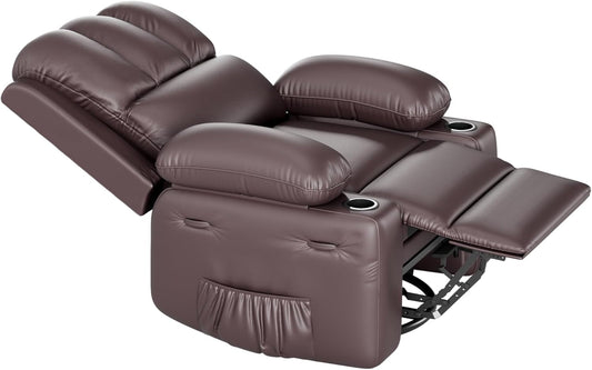 Leather Recliner Chair, Manual Recliner W/Comfortable Arms and Cup