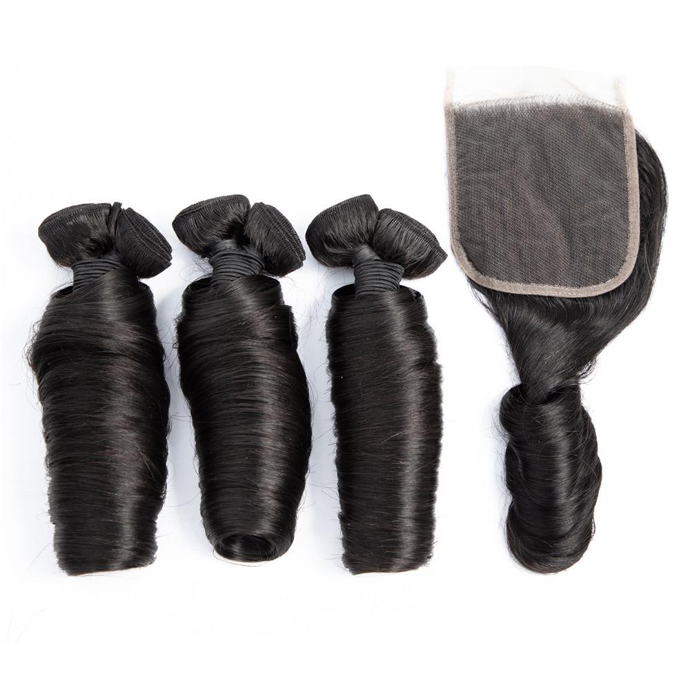 10A Grade 3/4 Straight Bouncy Curl Fumi Human Hair bundles with 4x4 Cl - Walbiz.com