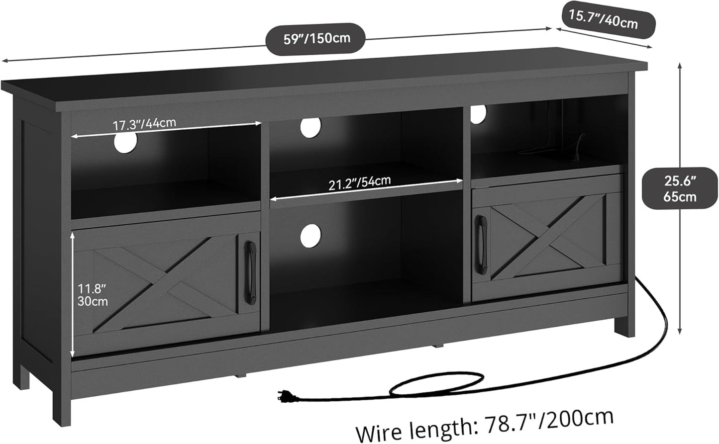 Farmhouse TV Stand with Power Outlet, LED Light Entertainment Center