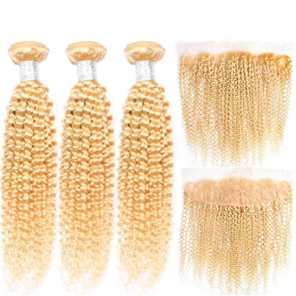 Blonde Kinky Curly #1B/613 Human Hair BUNDLES with CLOSURES & FRONTALS - Walbiz.com