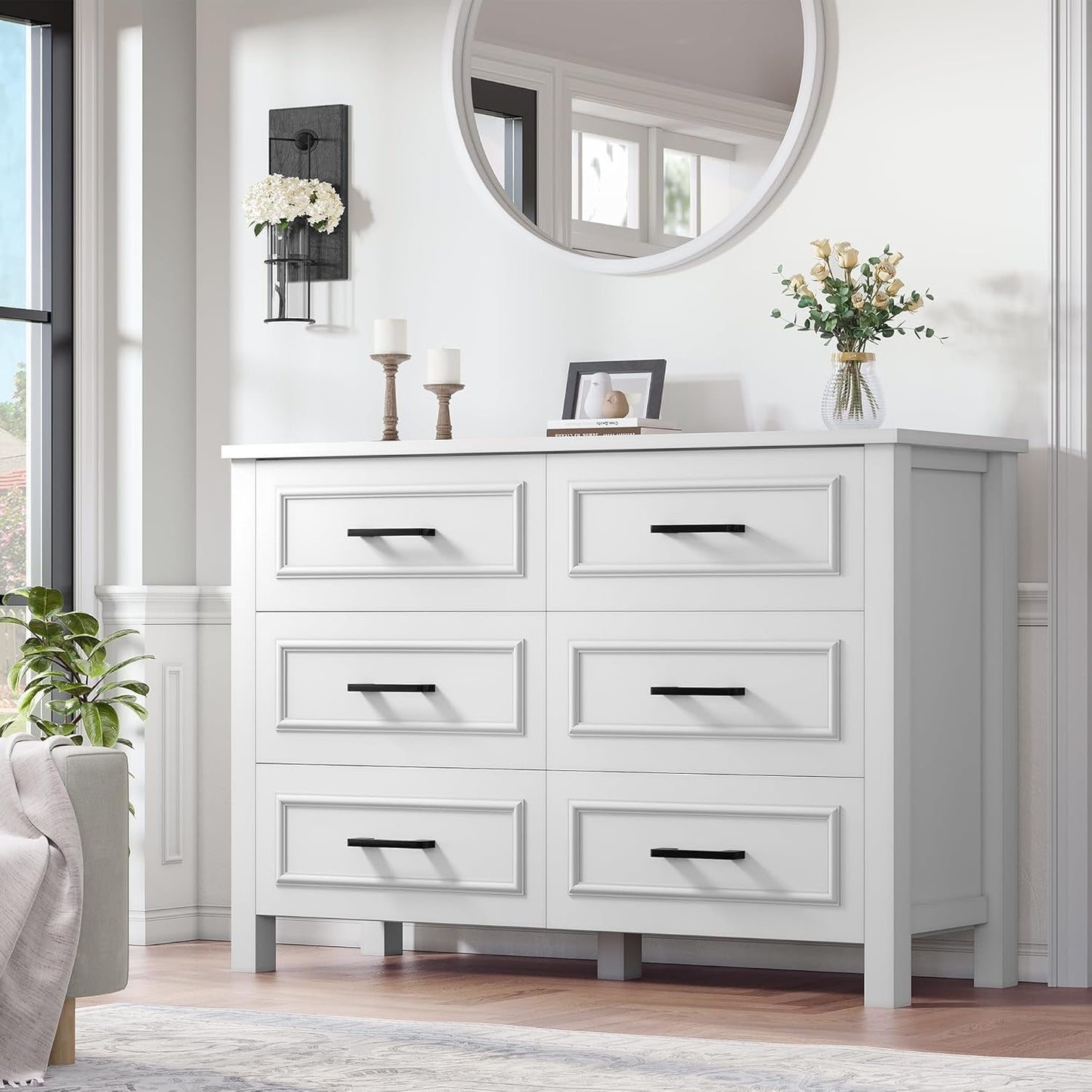 6-Drawer Dresser with Built-In Power Outlet, Wood Dresser TV Stand