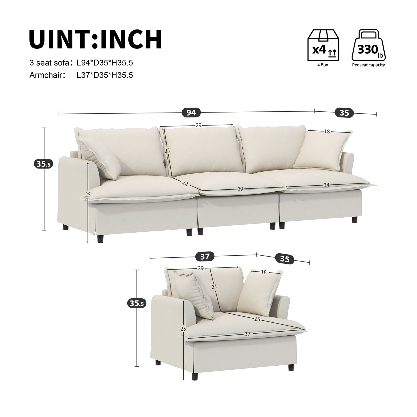 2 Piece Living Room Sofa Set with Throw Pillows,Chenille Sectional