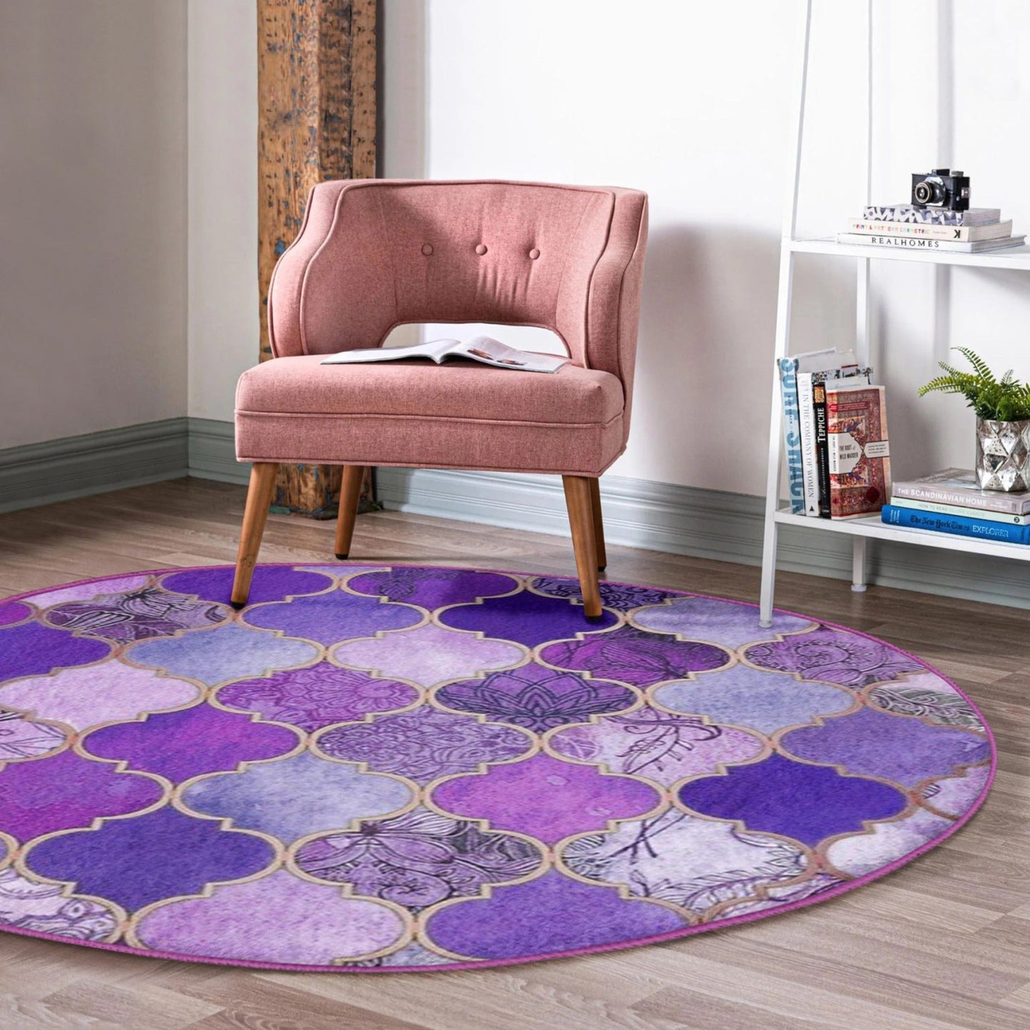 Purple Decorative Round Rug, Purple Living Room Area Carpet, Non Slip
