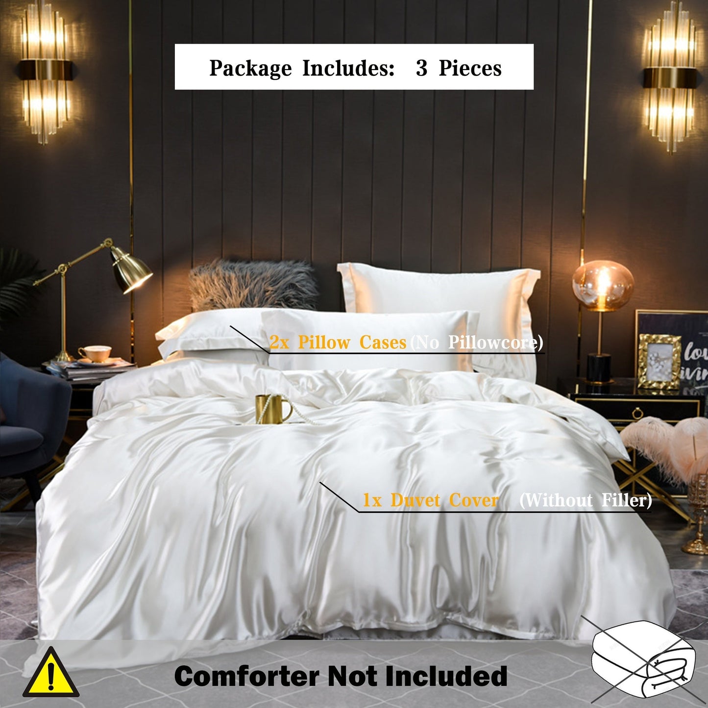 Luxurious Satin 3Piece Duvet Cover Set  Solid Color