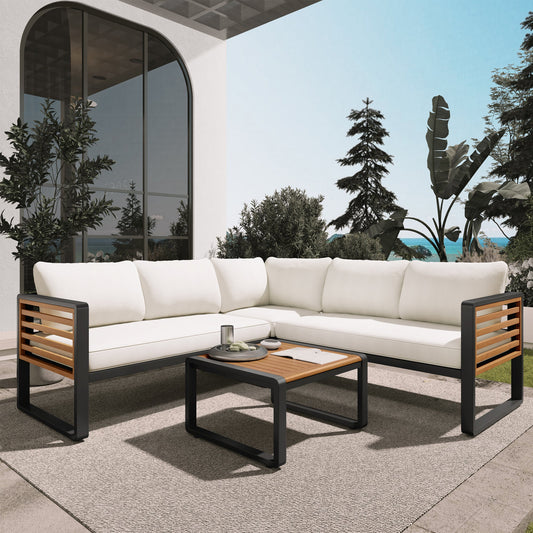 4 Pieces Outdoor Patio Conservation Set, Metal and Wood Frame