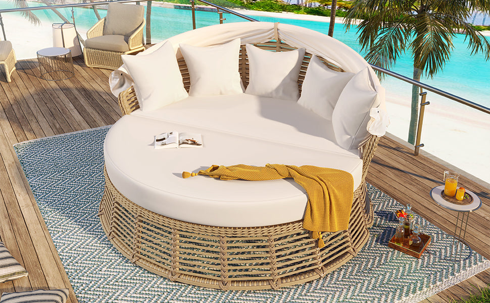Outdoor Patio Rattan Round Daybed with Retractable Canopy, Wicker