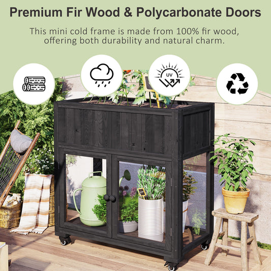 Patio 35.4''x17.7''x37.4'' Mini Wood Cold Frame, Compact 2 Doors