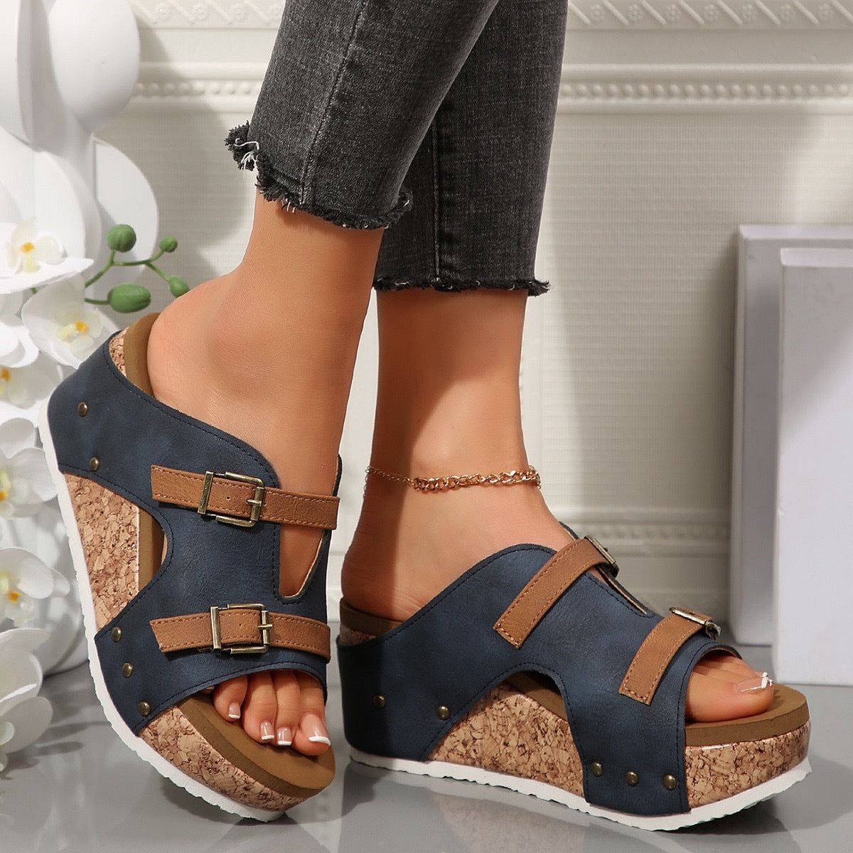 Ins Buckle Wedges Sandals Summer Fish Mouth Thick High Heel Slides