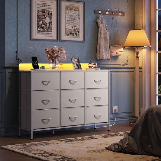 Dresser TV Stand with LED Lights and Charging Station