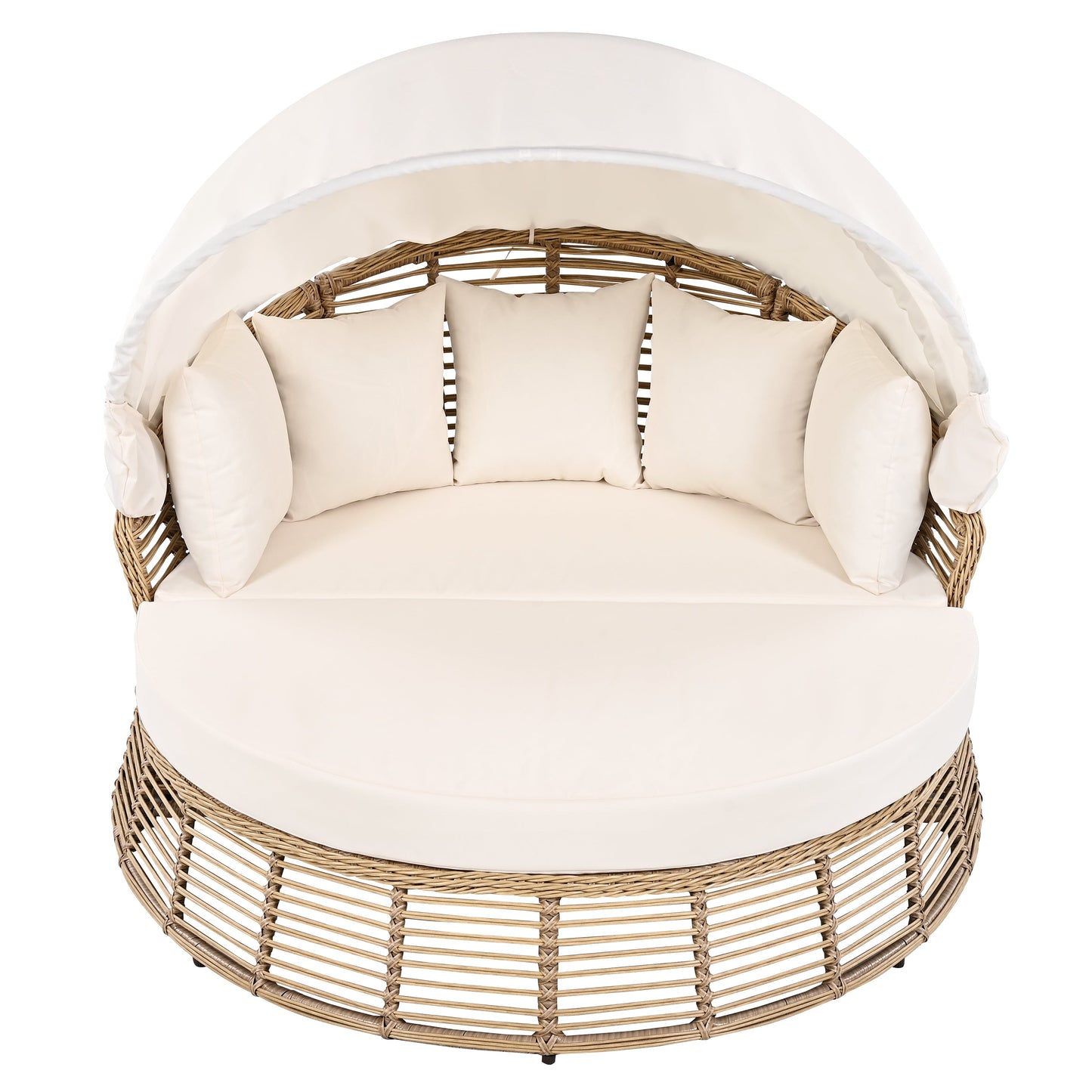 Outdoor Patio Rattan Round Daybed with Retractable Canopy, Wicker
