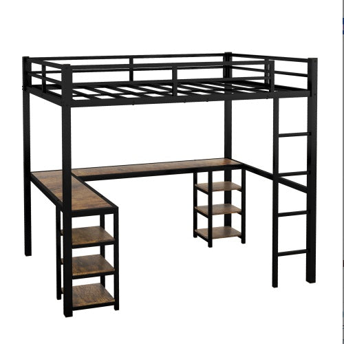 Full Metal Loft Bed With Desk And Shelves, Loft Bed With Ladder And
