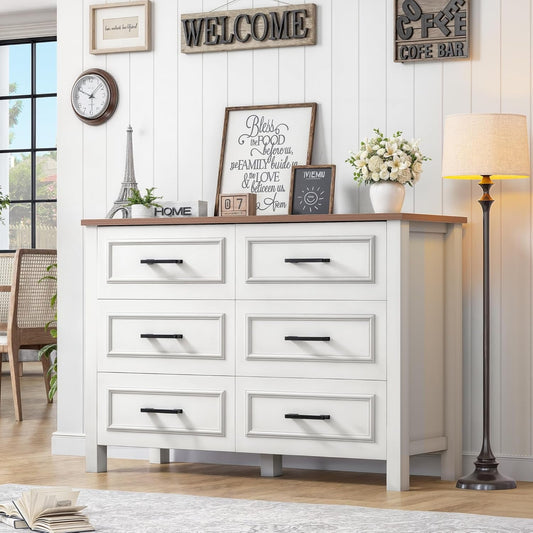 6-Drawer Dresser with Built-In Power Outlet, Wood Dresser TV Stand