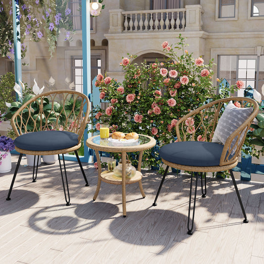 Outdoor Leisure Set, 2 Rattan Single Chairs with A Glass Round Table,