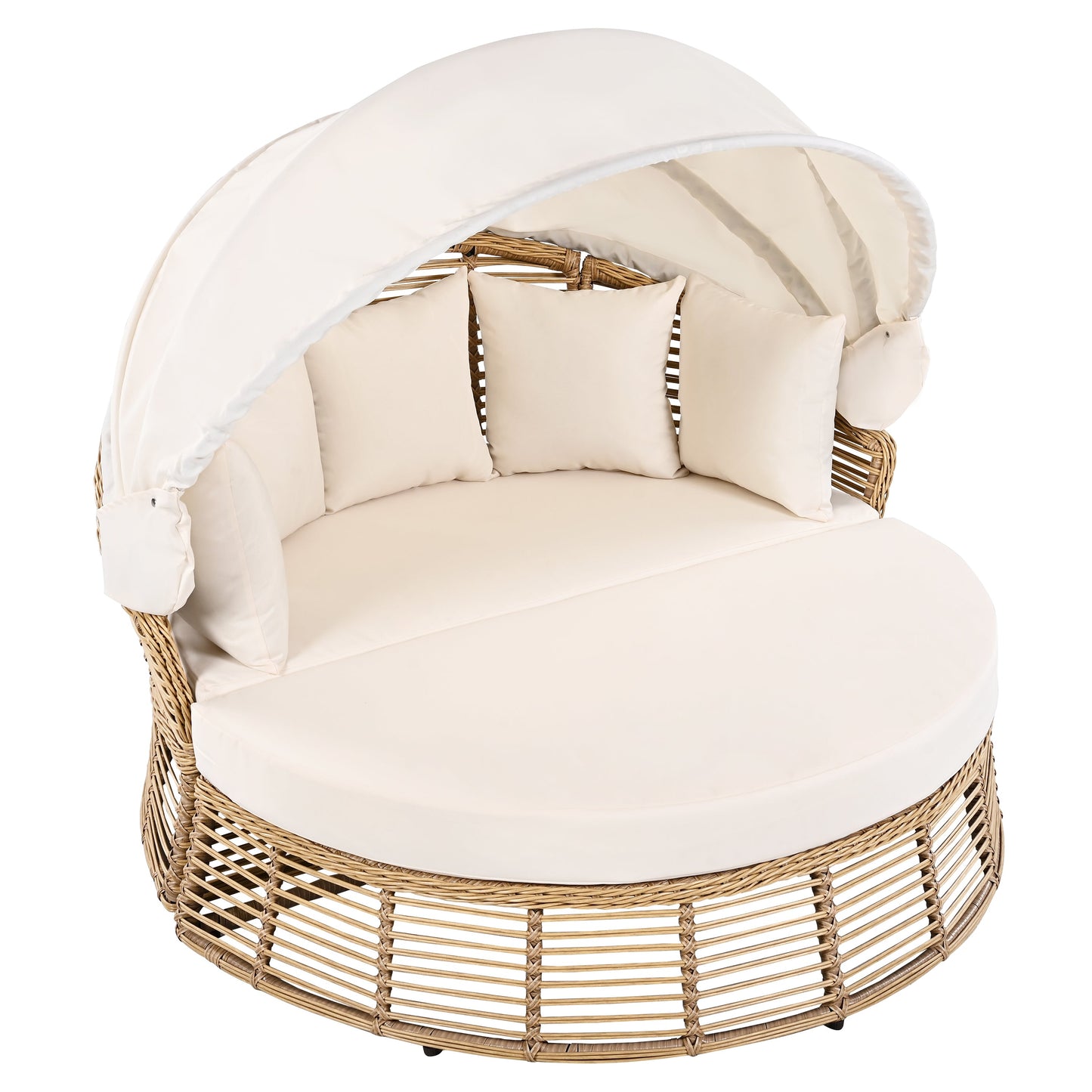 Outdoor Patio Rattan Round Daybed with Retractable Canopy, Wicker