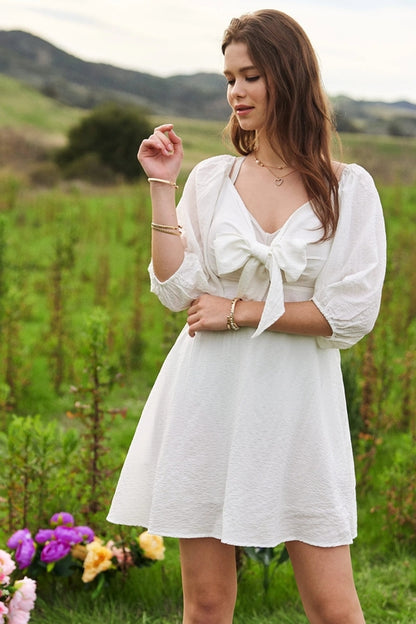 Davi & Dani Self-Tie Puff Sleeve Smocking Open Back Mini Dress