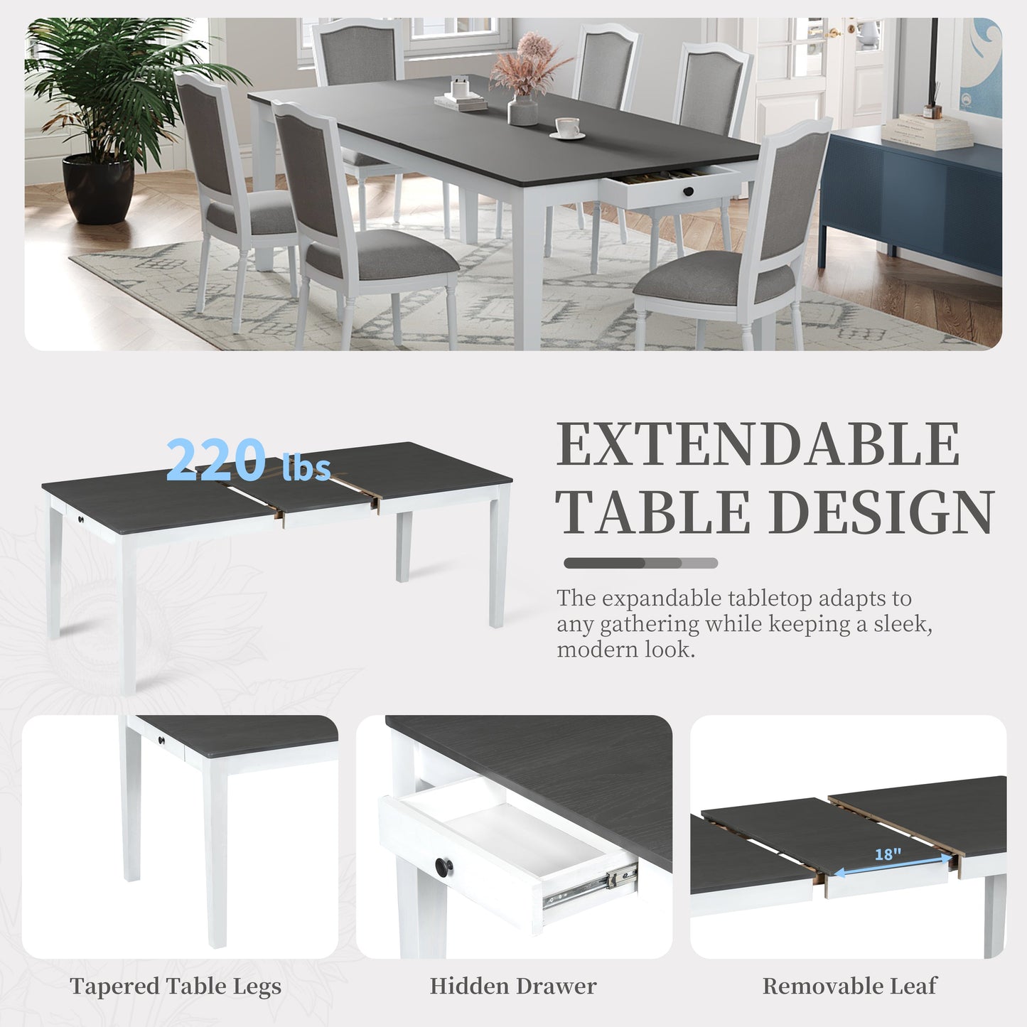 Rustic 7-Piece 78.1inch Extendable Dining Table Set with 18inch