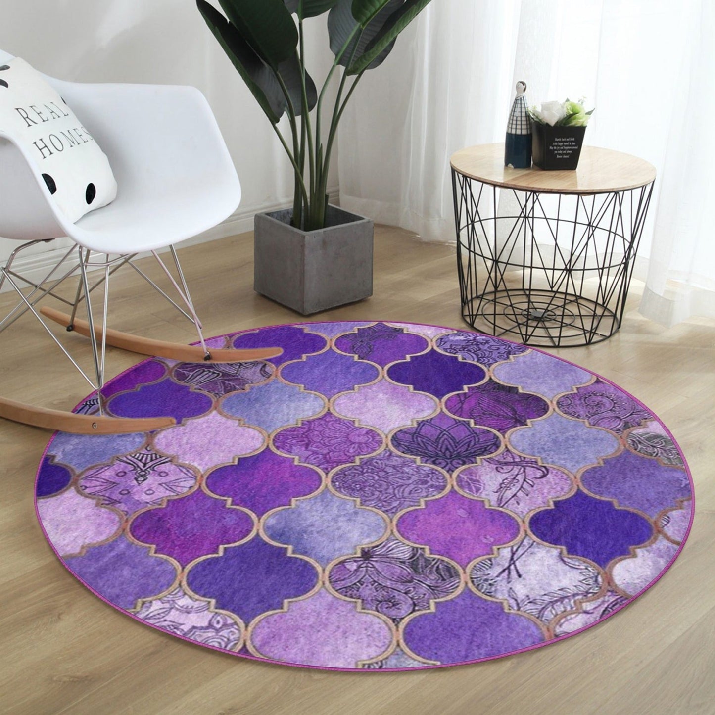 Purple Decorative Round Rug, Purple Living Room Area Carpet, Non Slip