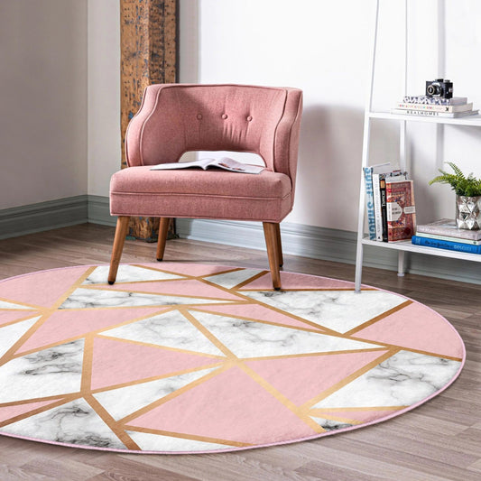 Pink Diamond Patterned Round Rug,  Luxury Home Style Circle Carpet,
