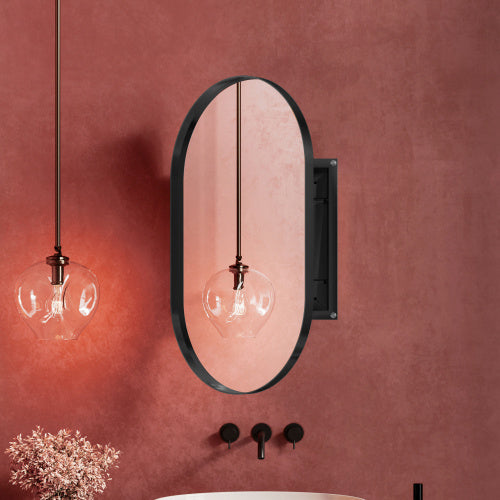 20x34 Inch Oval Recessed Metal Frame Bathroom Wall Cabinet With Mirror