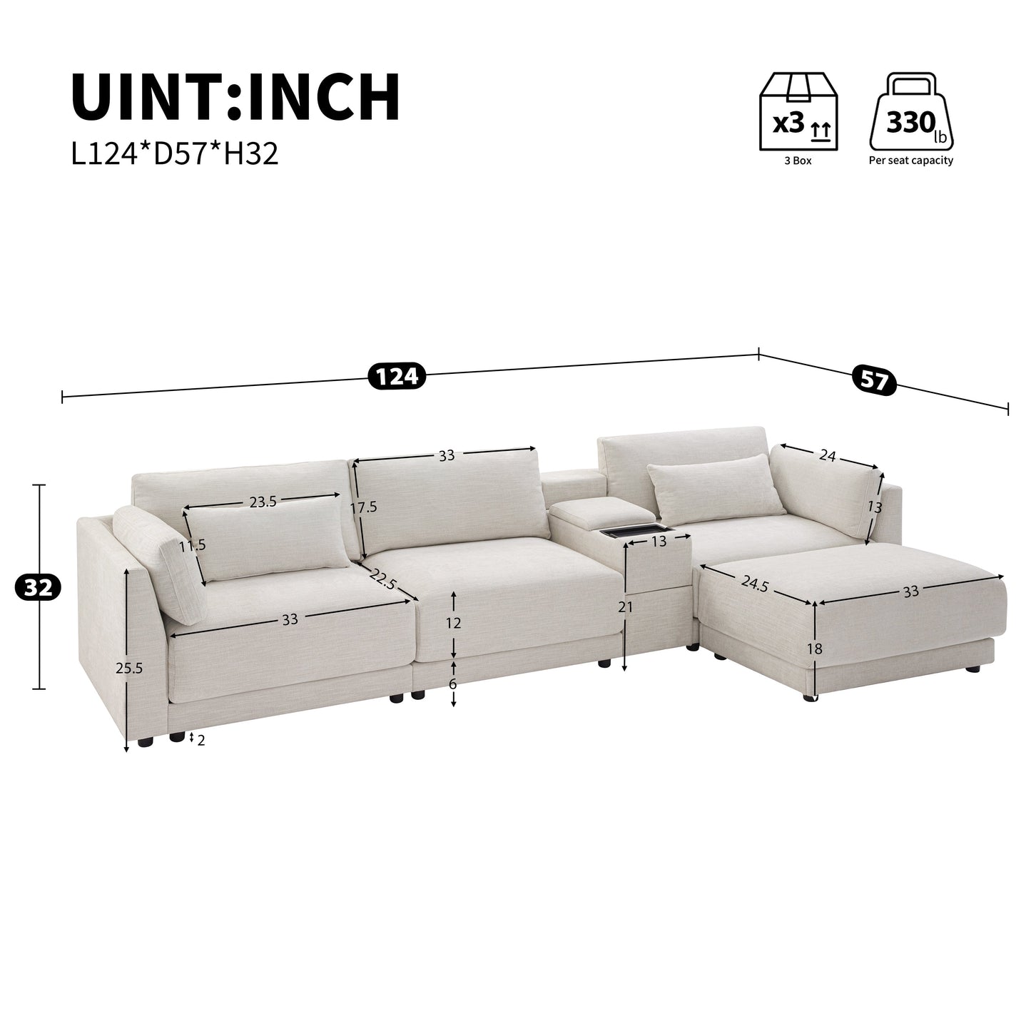 124'' Modular Sectional Sofa with Storage Console and Movable