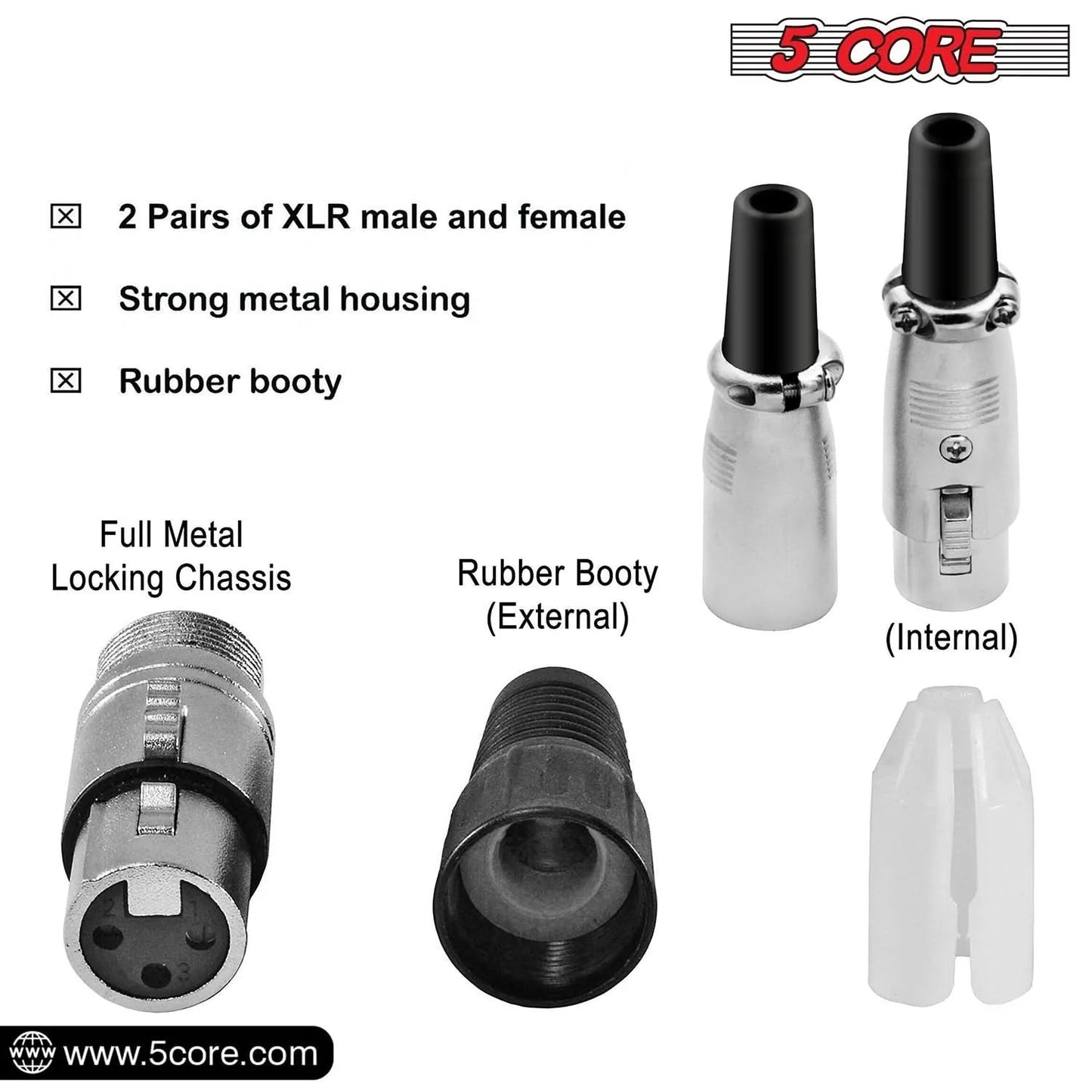 5Core XLR Connector Male Female to 1/4 Audio Jack 3 Pin Secure Mic
