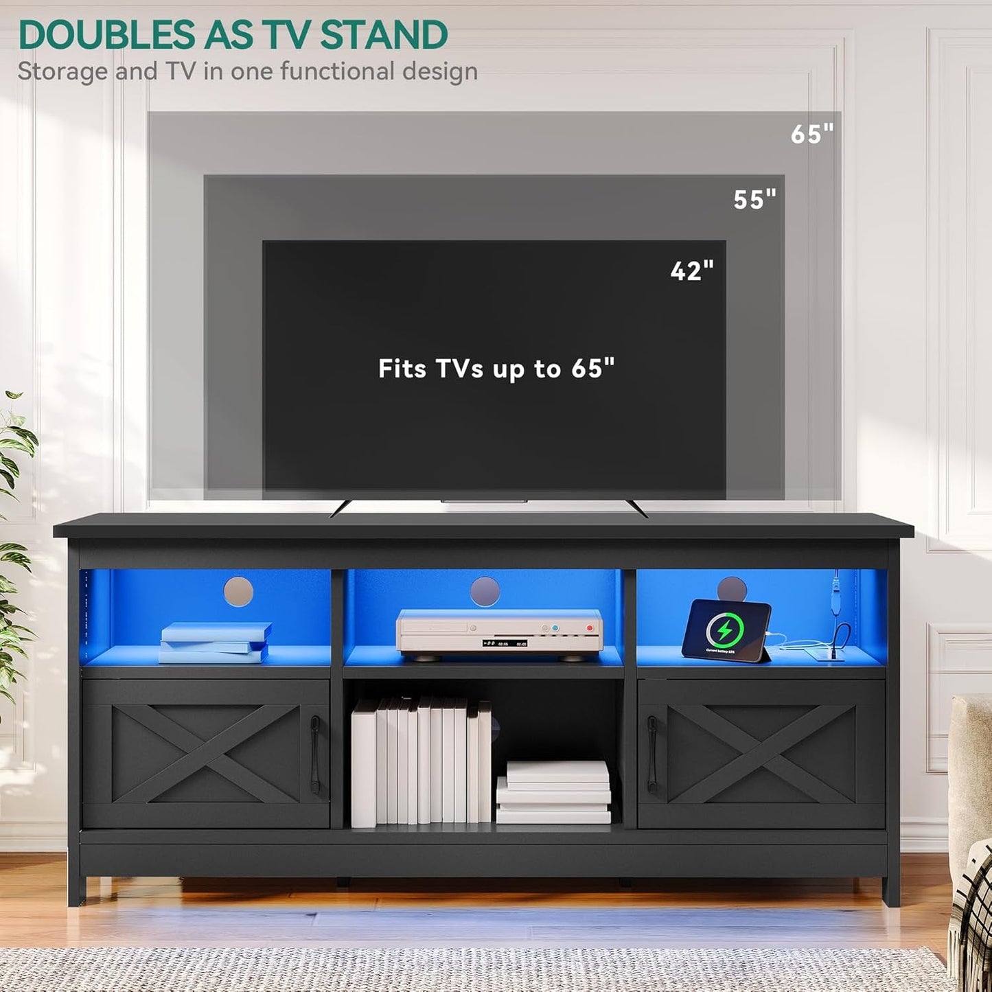 Farmhouse TV Stand with Power Outlet, LED Light Entertainment Center