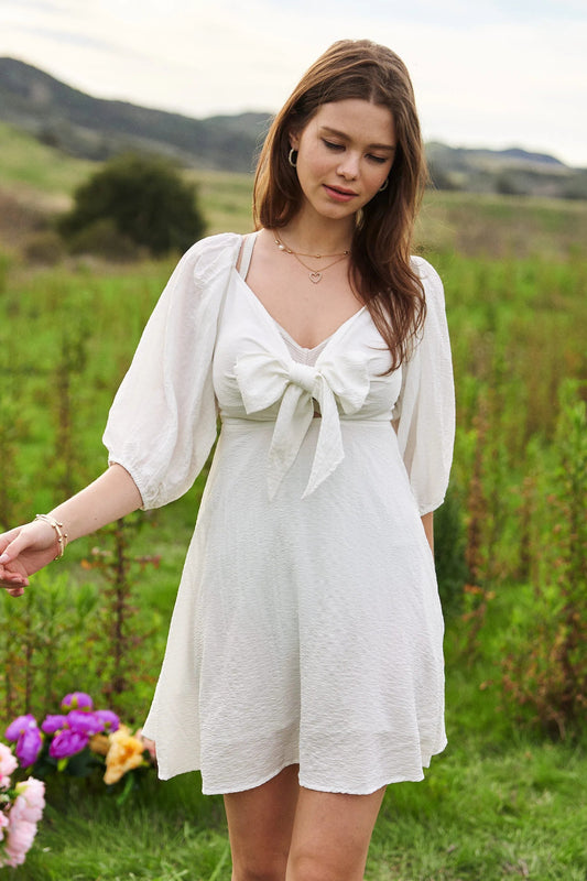 Davi & Dani Self-Tie Puff Sleeve Smocking Open Back Mini Dress