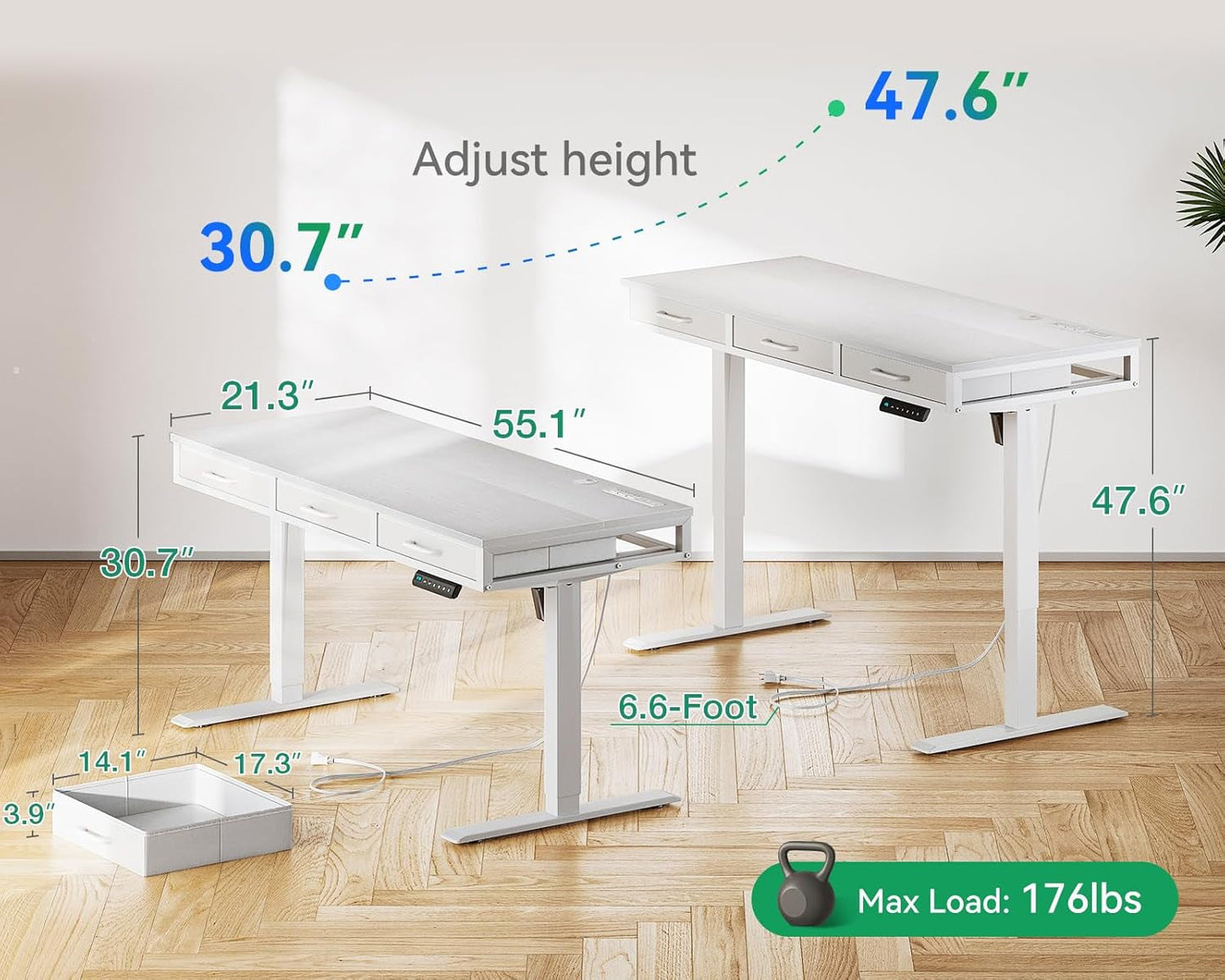 Electric Standing Desk with Drawers, 55 Inch Height Adjustable Desk