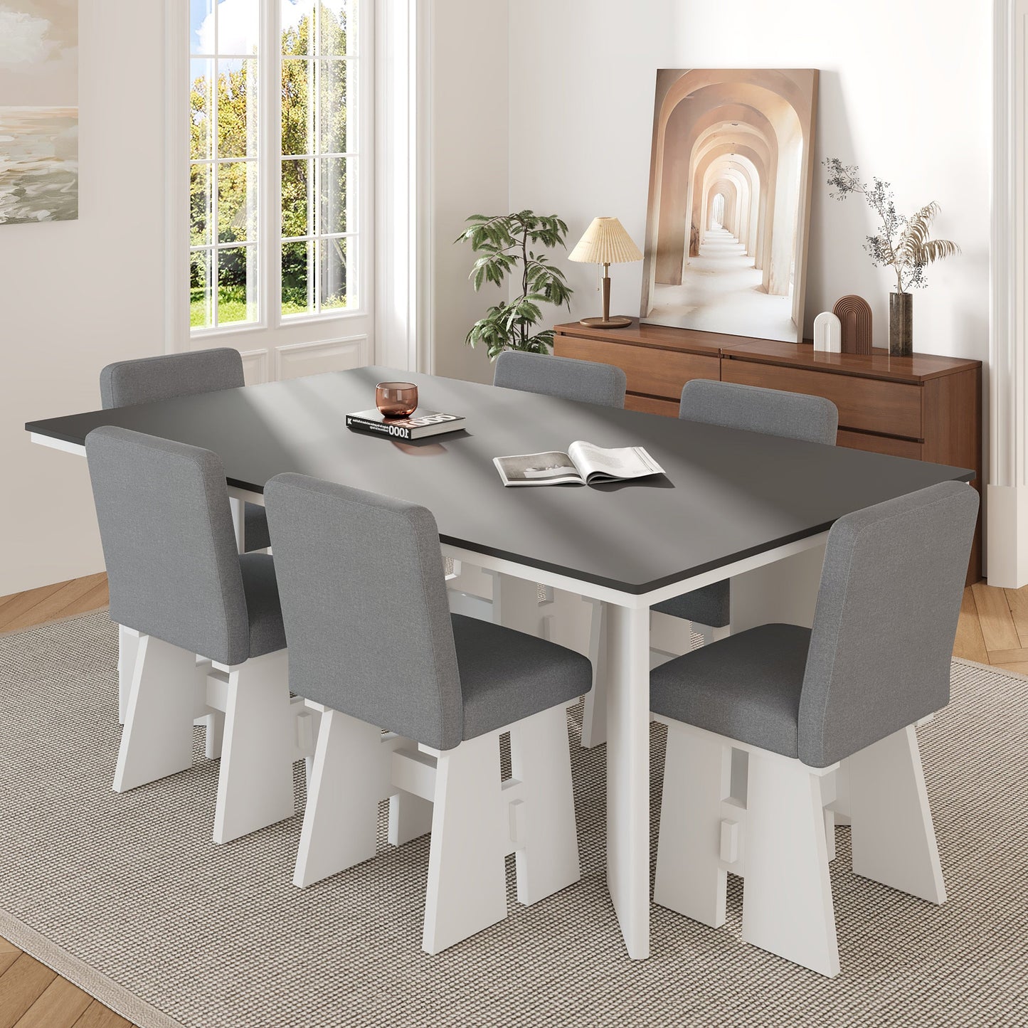 Modern 7-Piece Dining Table Set with 6 Upholstered Dining Chairs, Dark