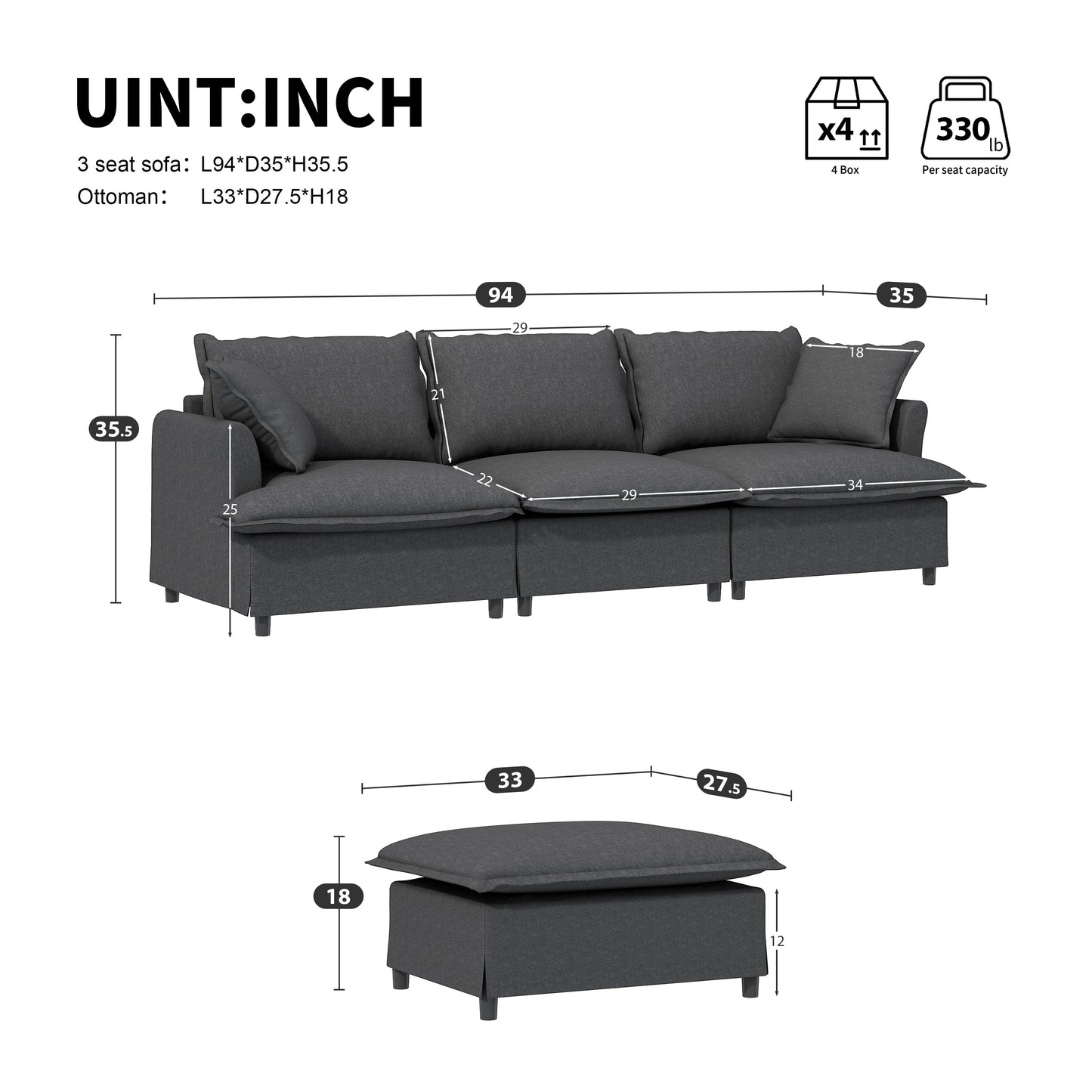 Chenille Sectional Sofa with Ottoman,L Shaped Cloud Couch Set with