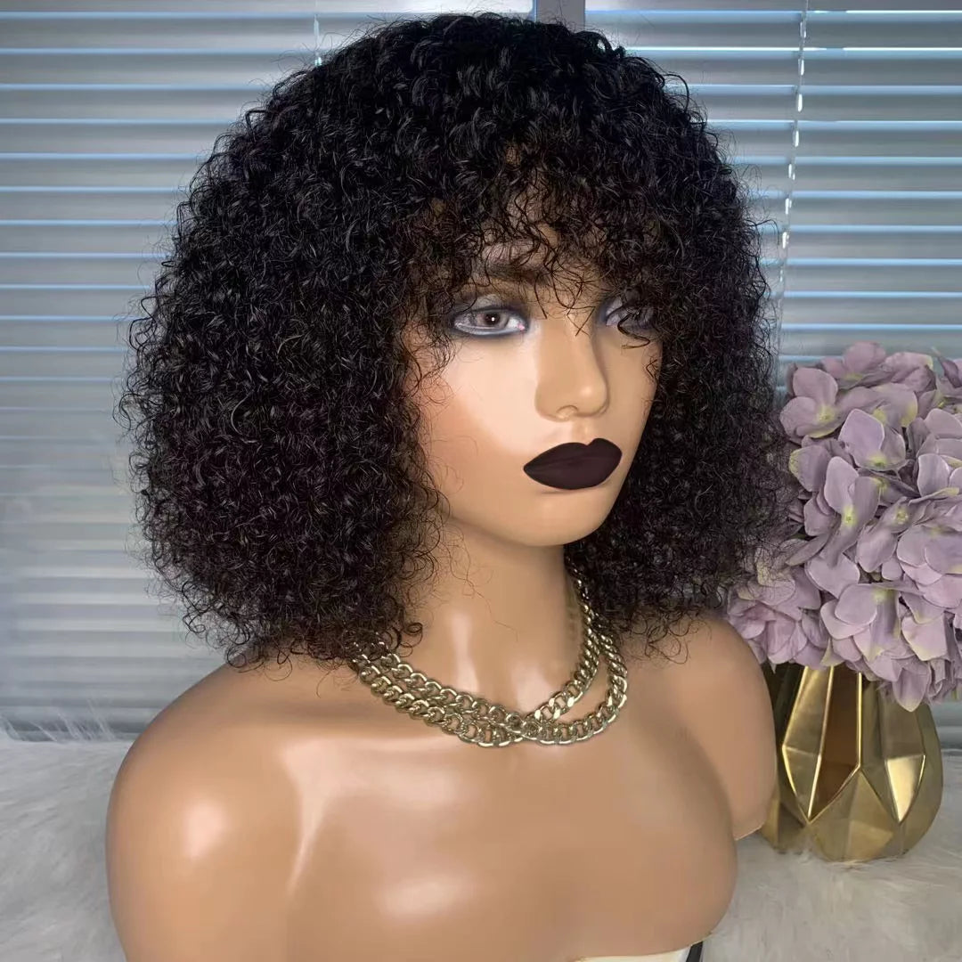 Jerry Curly Bob Cut 100% Human Hair Wigs with Bangs Adjustable Non