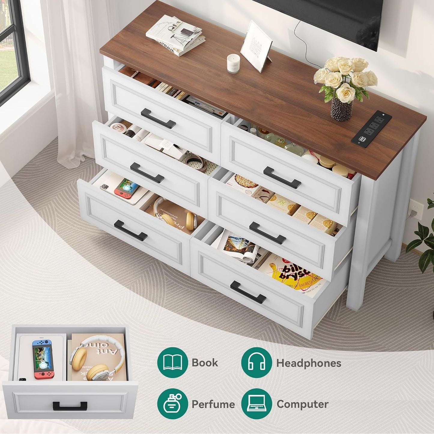 6-Drawer Dresser with Built-In Power Outlet, Wood Dresser TV Stand
