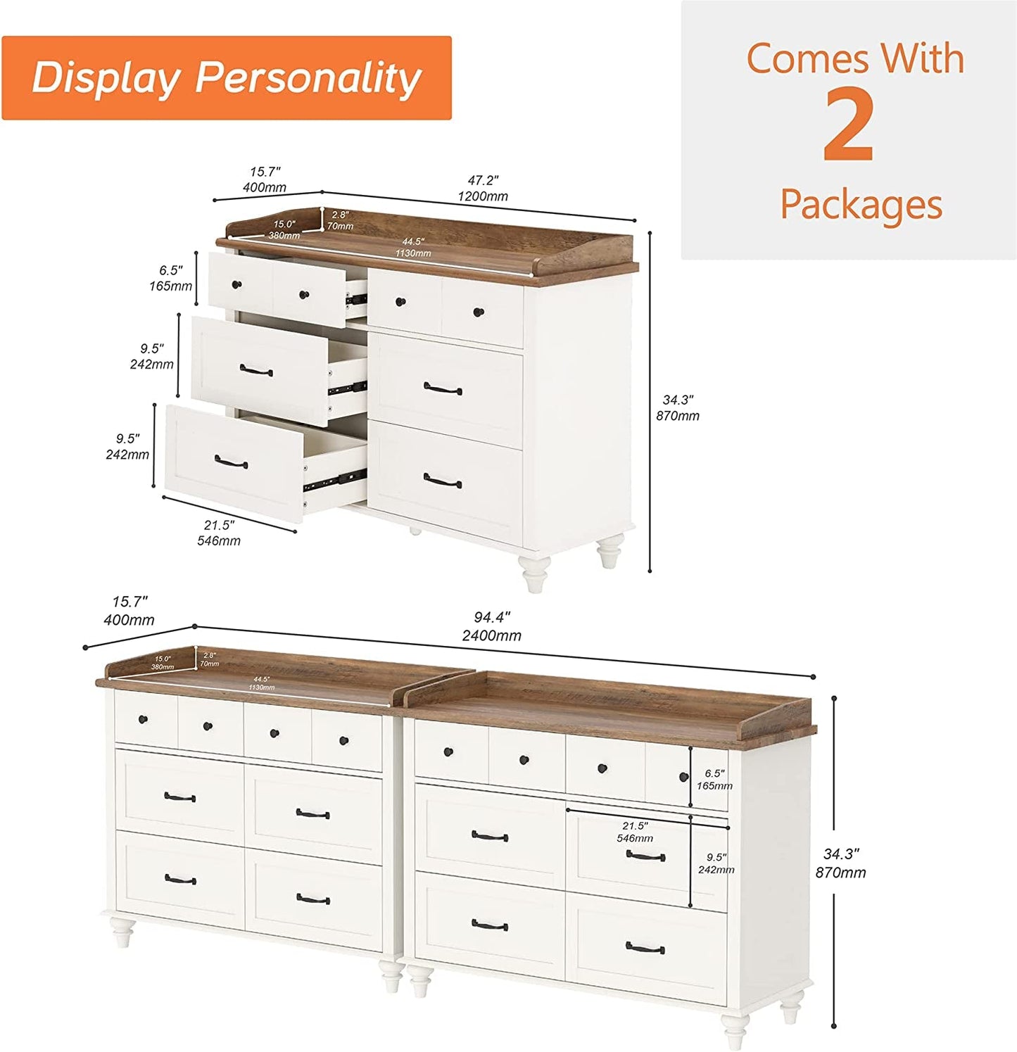 2-In-1 Mid-Century Modern White Dresser TV Stand