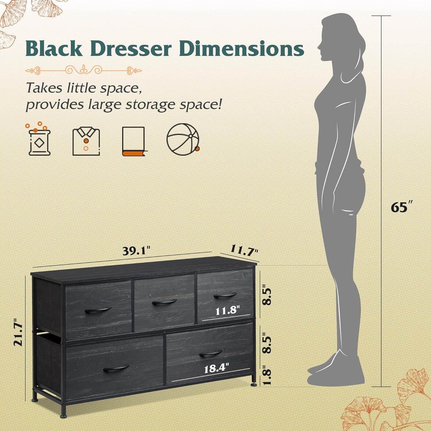 Dresser for Bedroom with 5 Drawers, Wide Chest of Drawers, Fabric