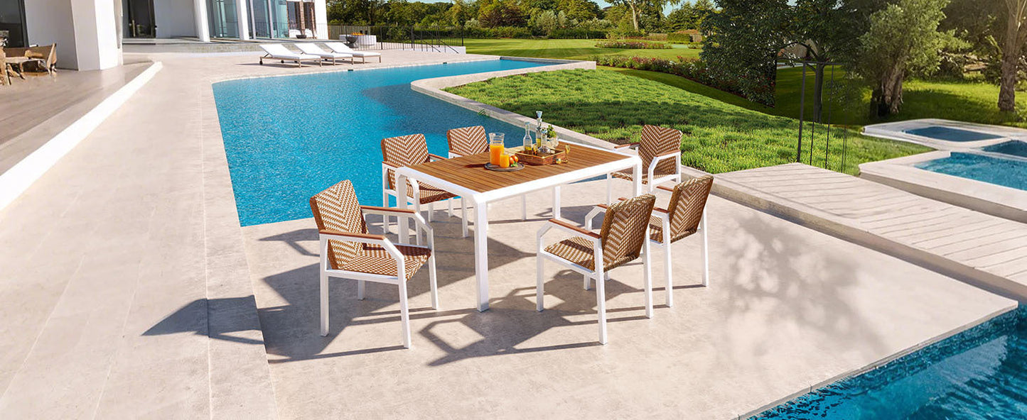 7 Piece Patio Dining Table Set, Outdoor Wicker Furniture Set of 6