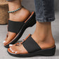 Black Wide Band Clip Toe PU Leather Wedge Slippers