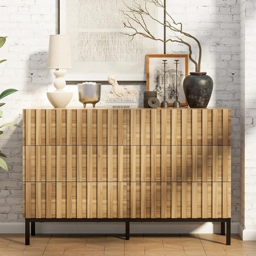 Fluted 6 Drawer Dresser with Metal Stand, Mid Century Modern