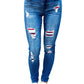 Dark Wash Mid Rise Distressed Plaid Patch Skinny Jeans