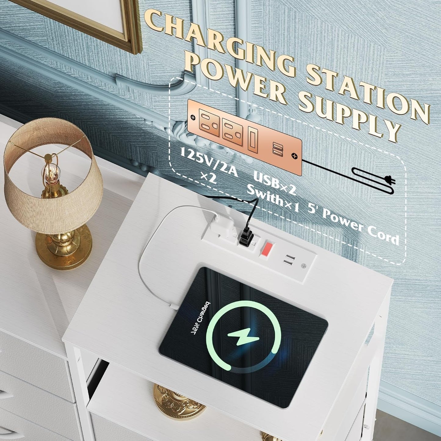 White Dresser TV Stand with Charging Station and Drawers