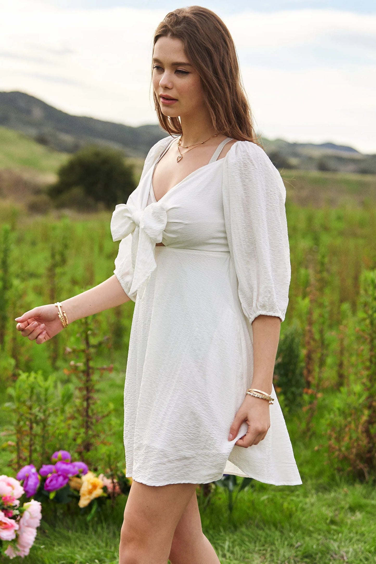 Davi & Dani Self-Tie Puff Sleeve Smocking Open Back Mini Dress