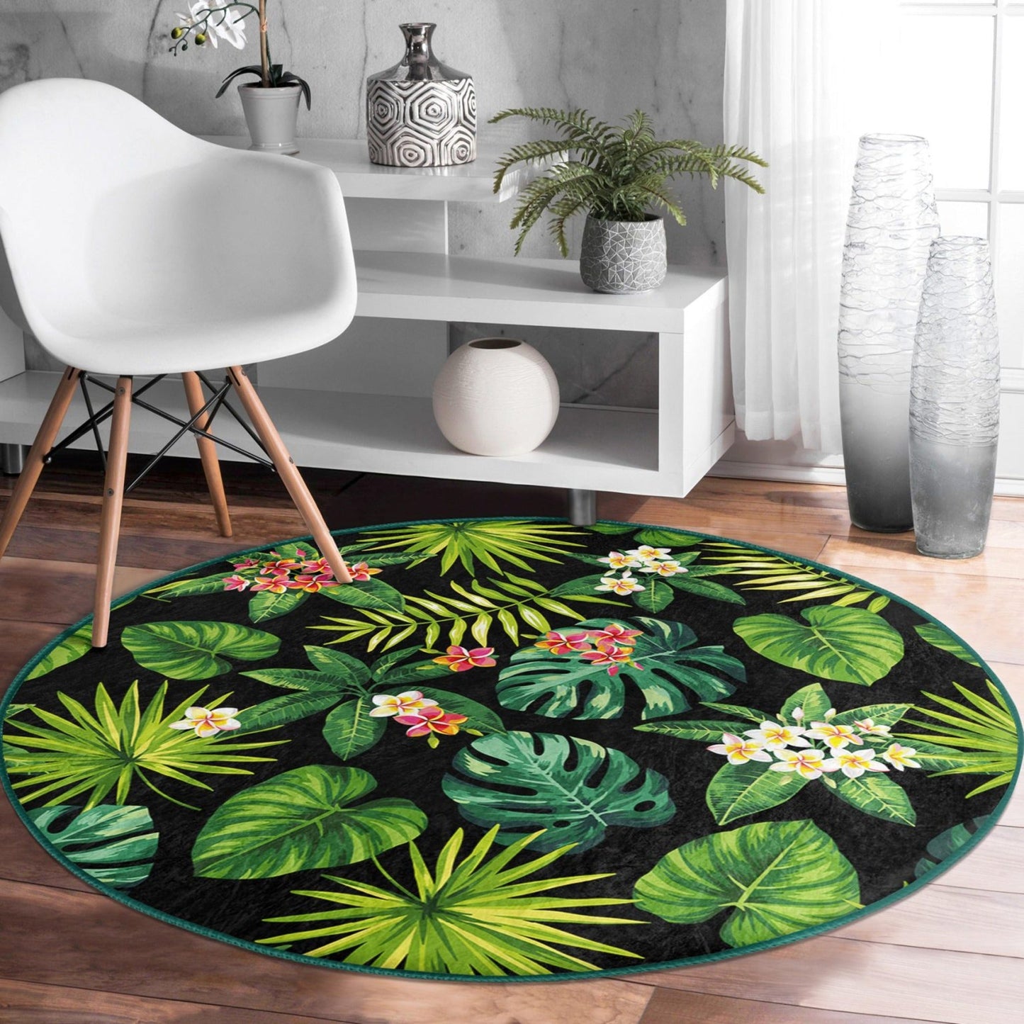 Green Floral Round Rug, Floral Patterned Decorative Circle Carpet, Non