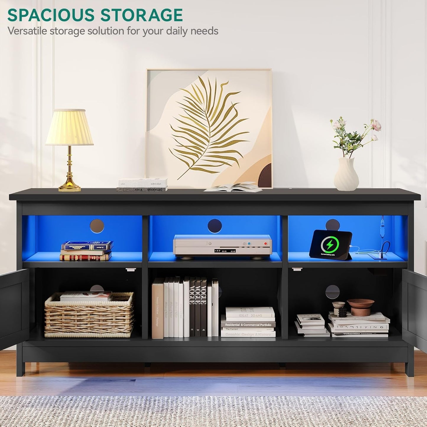 Farmhouse TV Stand with Power Outlet, LED Light Entertainment Center