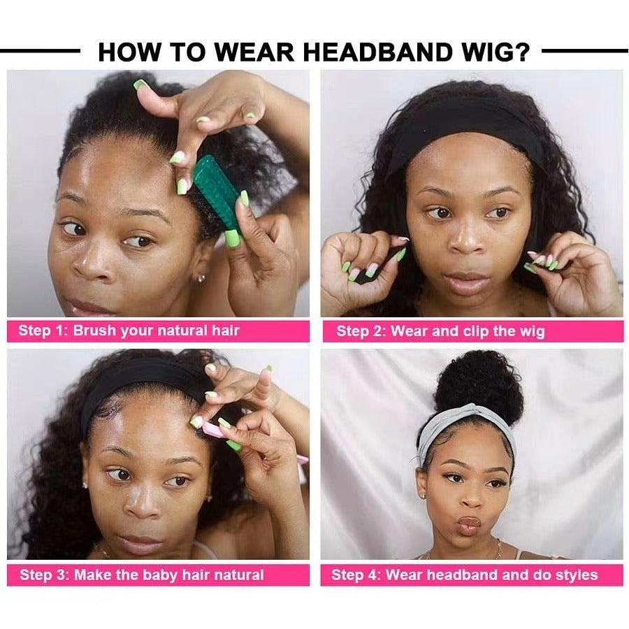 Headband Wig Deep Wave Human Hair Scarf Wig No GLUE Easy Wear