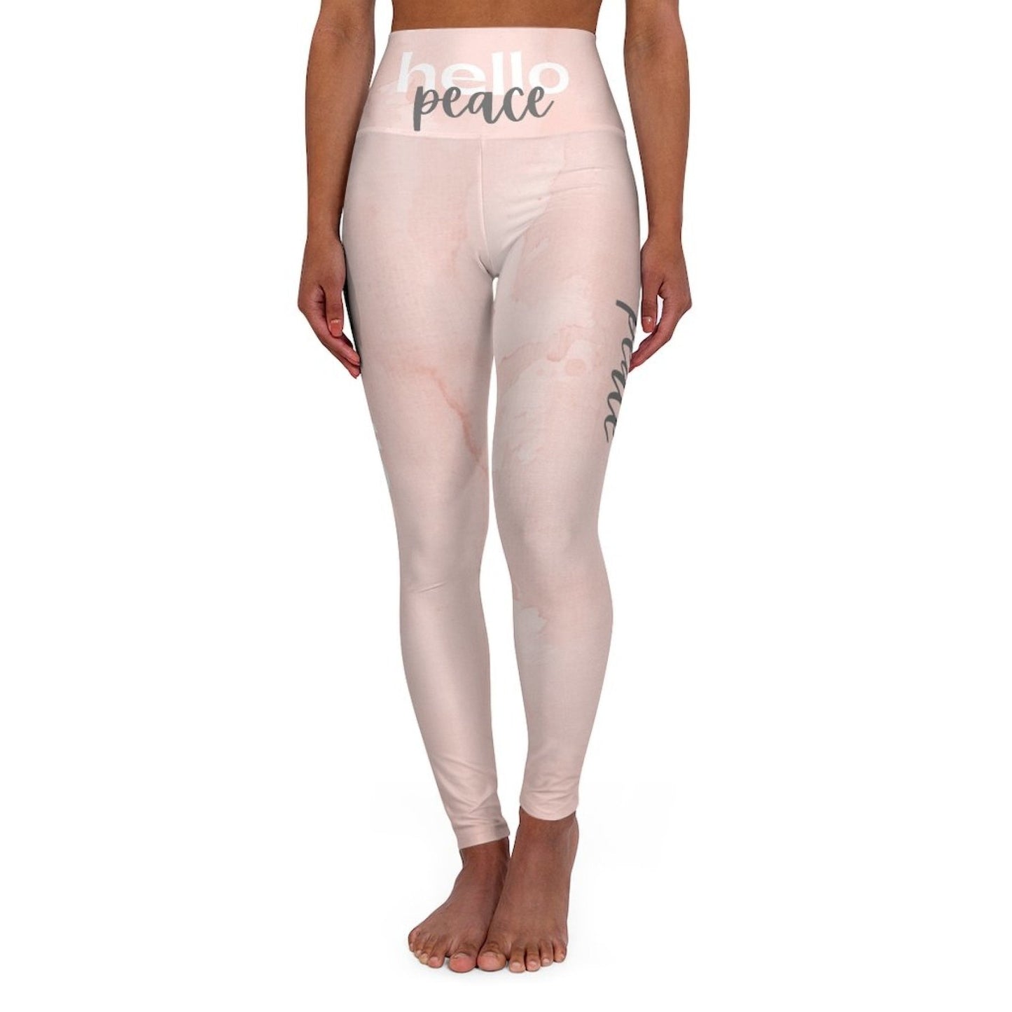 High Waisted Yoga Leggings, Peach Marble Hello Peace Graphic Style