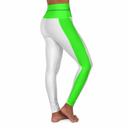 High Waisted Yoga Leggings, White And Neon Green Black Bordered