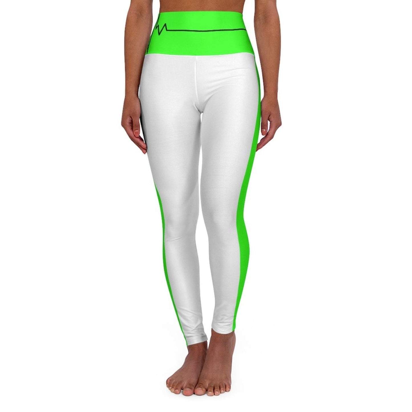 High Waisted Yoga Leggings, White And Neon Green Black Bordered