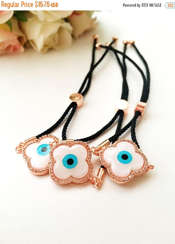 Greek Evil Eye Bracelet, Rose Gold Bracelet Set, Hamsa Clover Charm