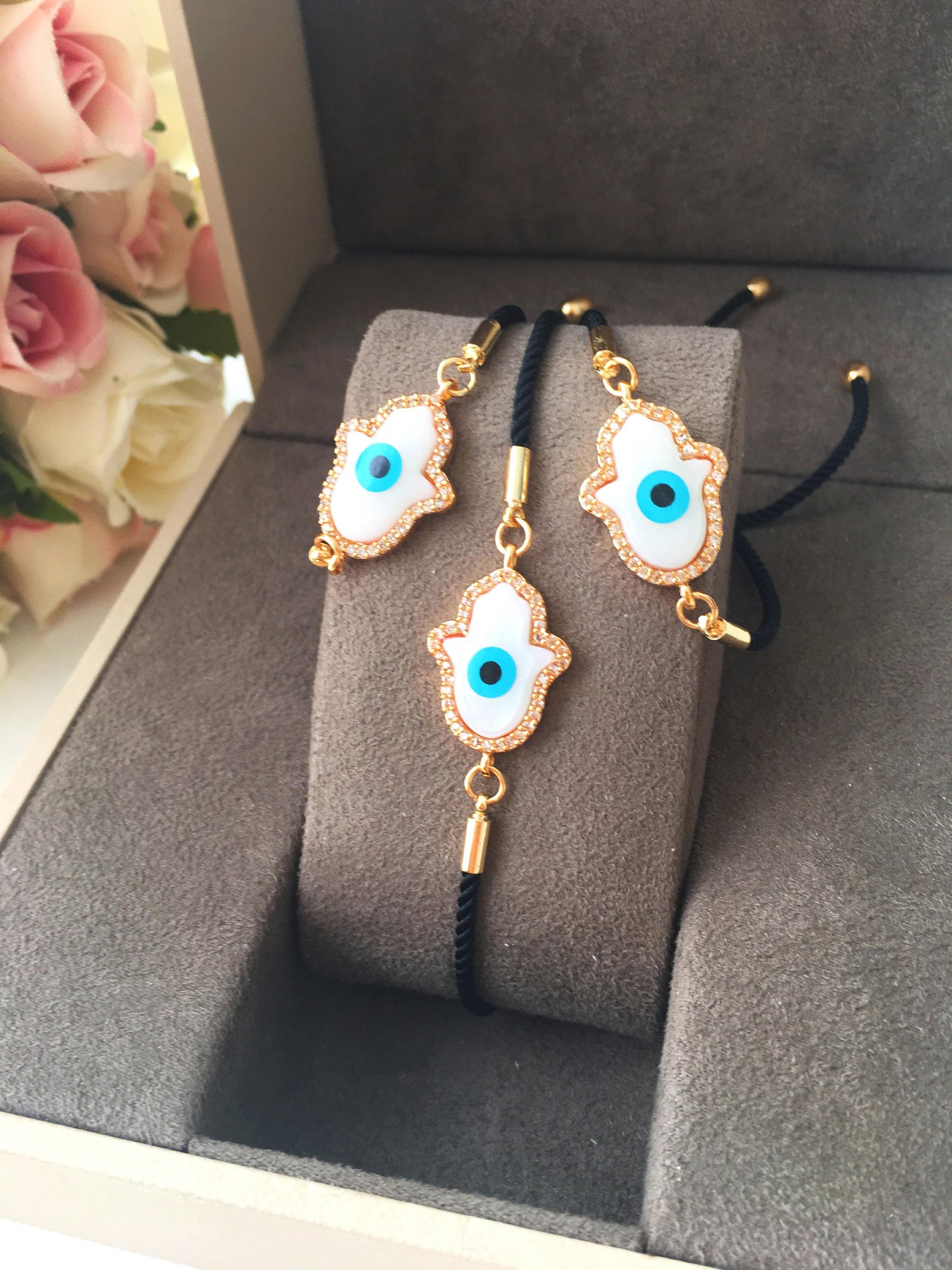 Greek Evil Eye Bracelet, Rose Gold Bracelet Set, Hamsa Clover Charm