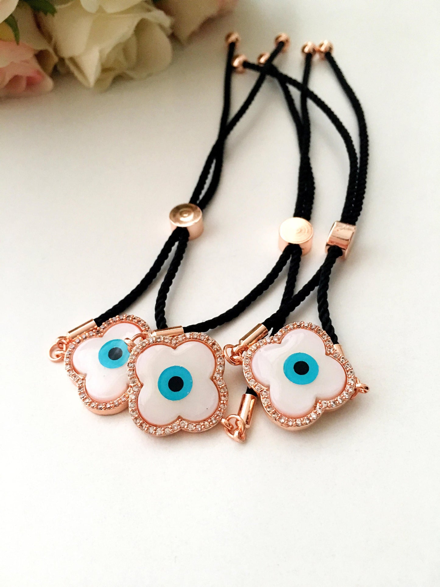 Greek Evil Eye Bracelet, Rose Gold Bracelet Set, Hamsa Clover Charm